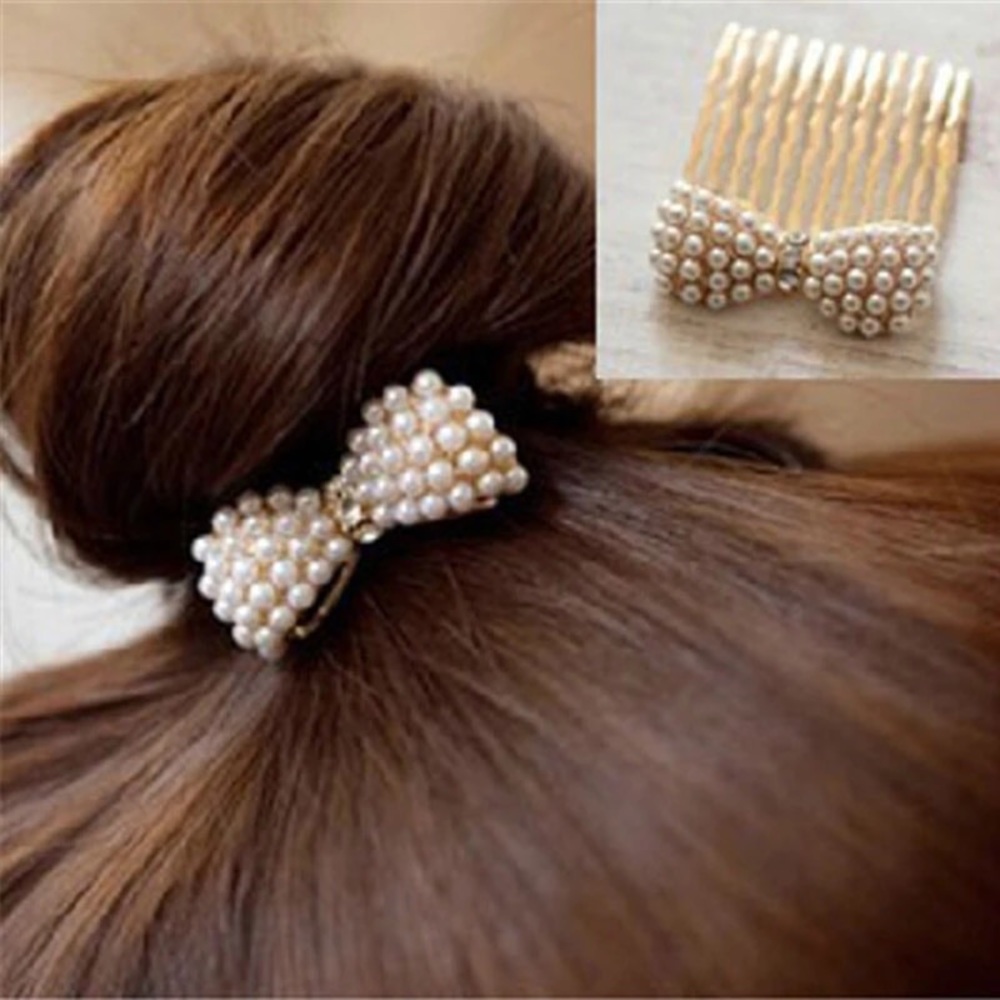 NWT Pearl & Gold Hair Bow Comb Accessory